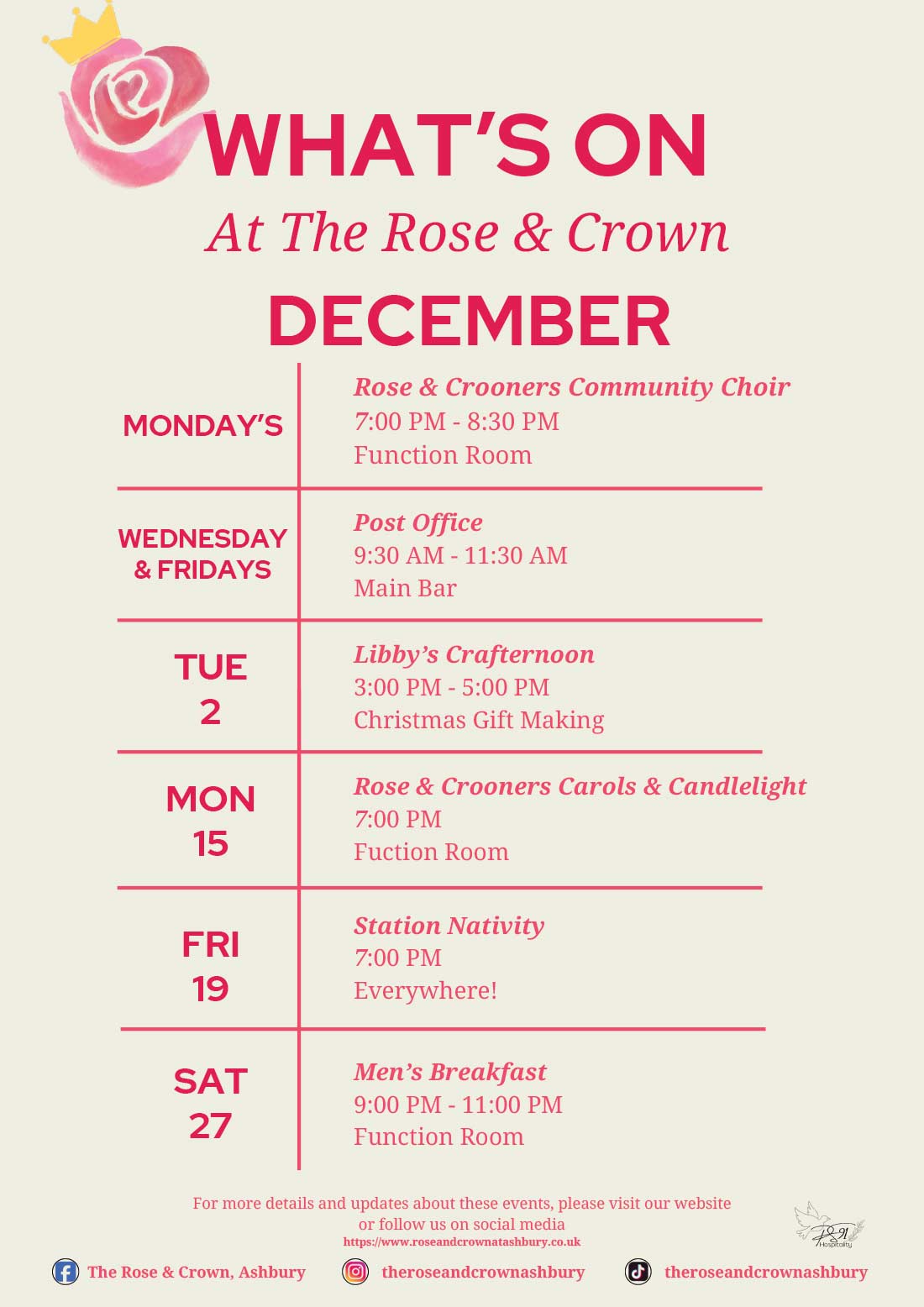 What's On December at The Rose and Crown
